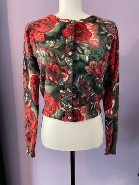 Angora Floral Red & Green Button-Up Cardigan